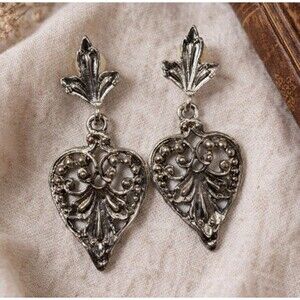 Vintage 1960 Silver Tone Heart Earrings Filigree Victorian Revival Dangle